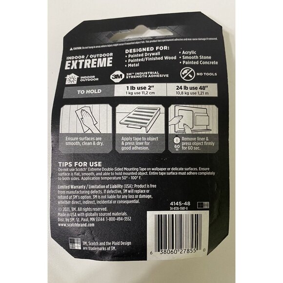 3M Scotch Extreme Double Sided Mounting Tape 1" X 48" Holds up to 24lbs #414 - Picture 2 of 2